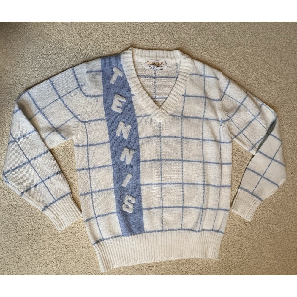 Vintage Women's Tennis Sweater Quantum! Sportswear  M Light Blue Cream V Neck